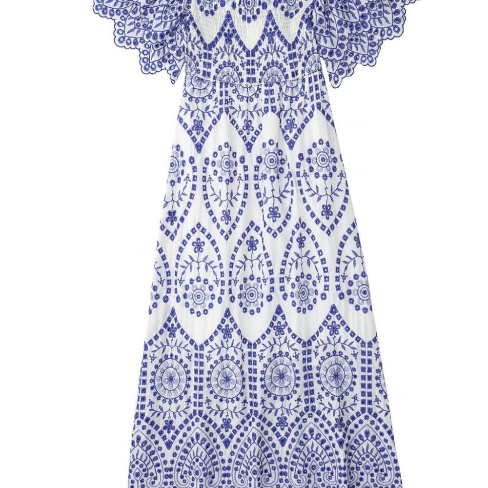 BLUE EMBROIDERY  EYELET  RUFFLE SLEEVE COTTON MIDI DRESS